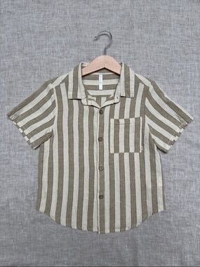Rylee + Cru Boys 4/5 Linen Beige and Olive Stripe Short-Sleeve Button-Up